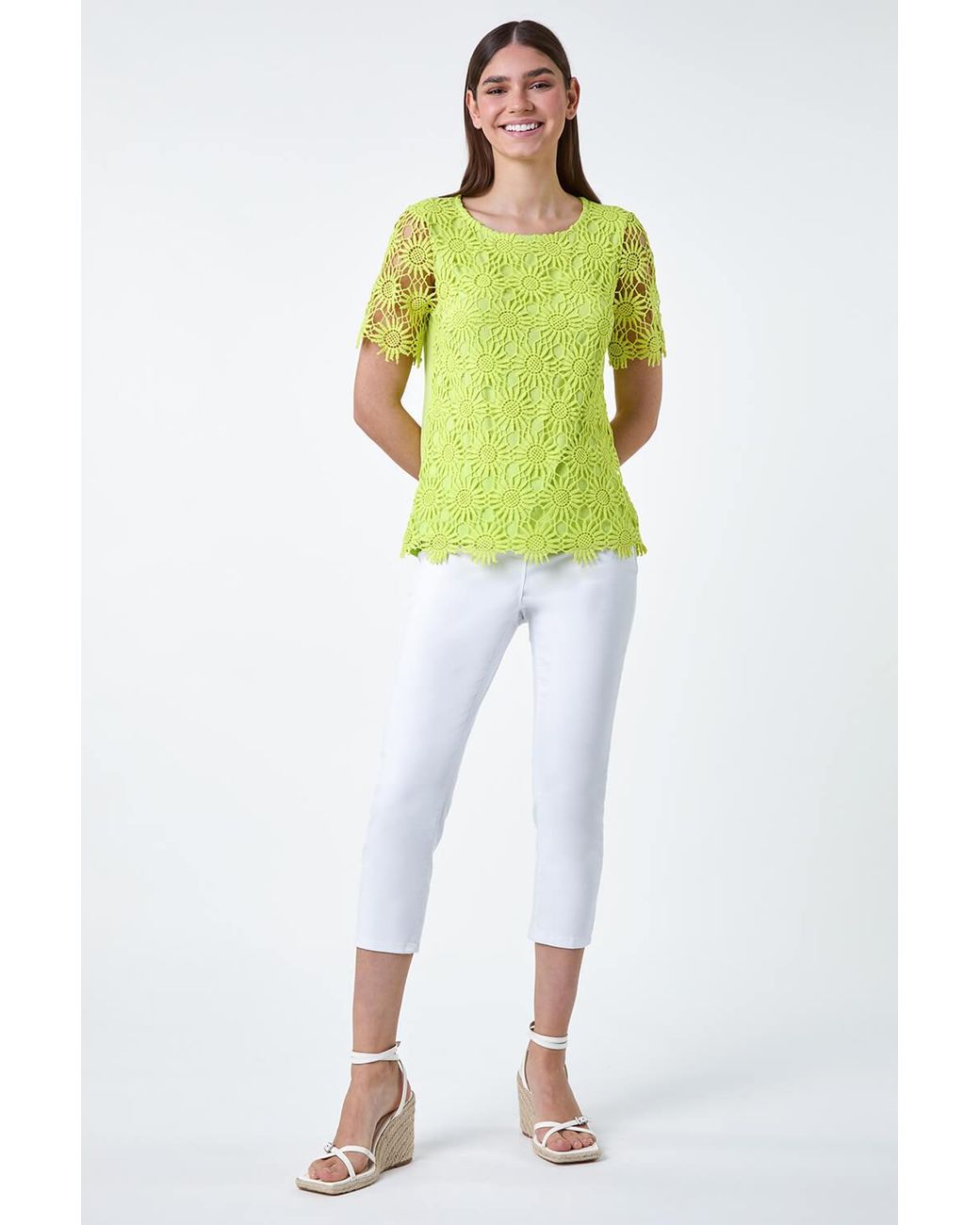 Roman Yellow Floral Lace Stretch Jersey T-Shirt