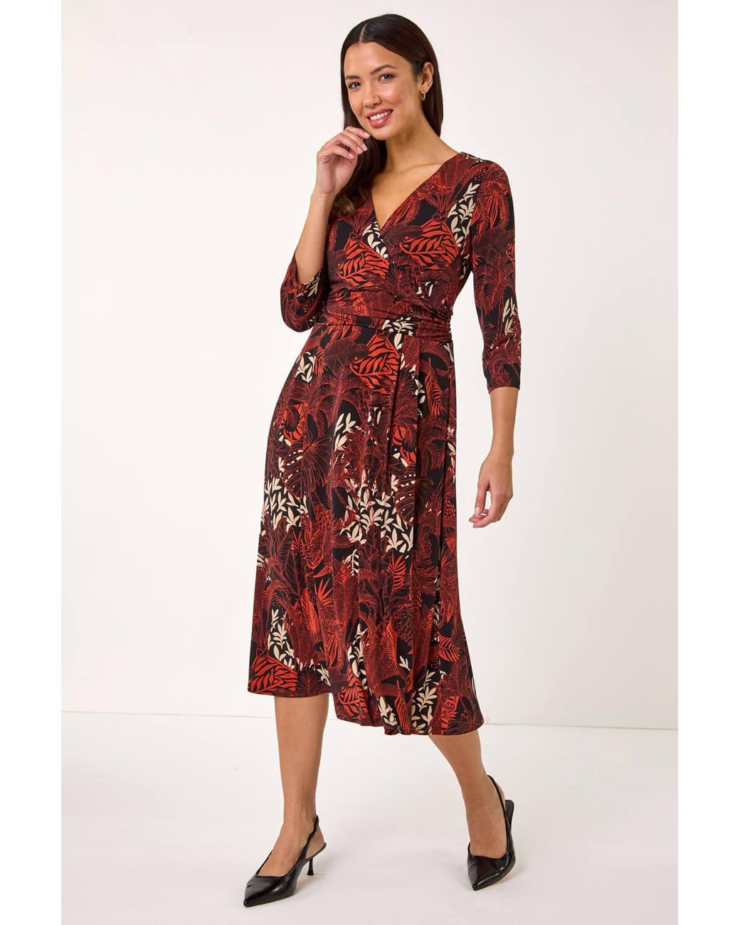 Roman Red Leaf Print Wrap Midi Stretch Dress