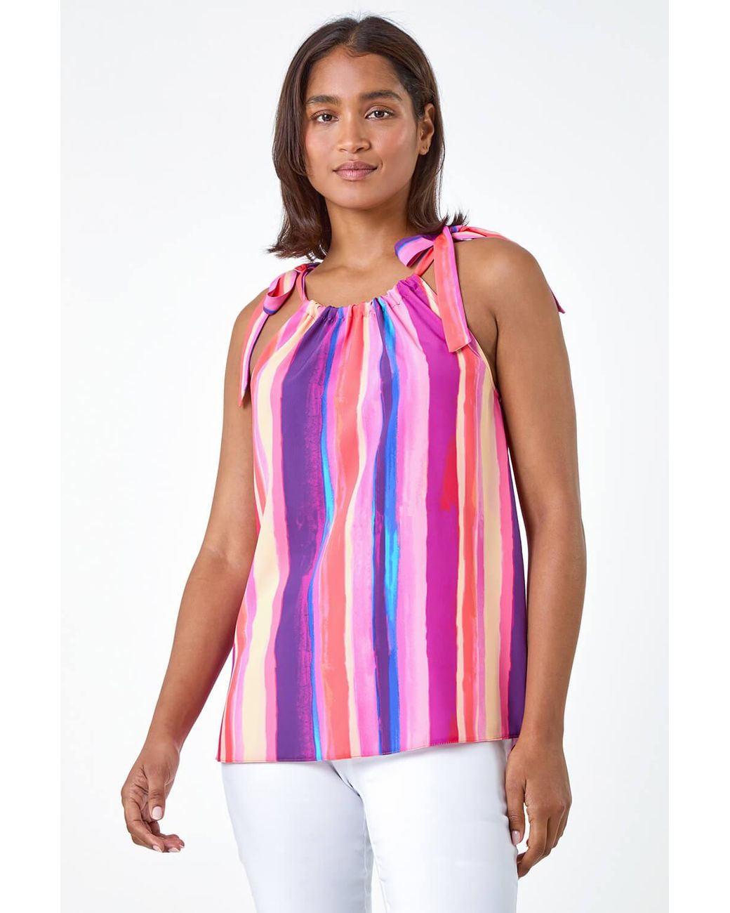 Roman Red Stripe Print Halterneck Tie Detail Top