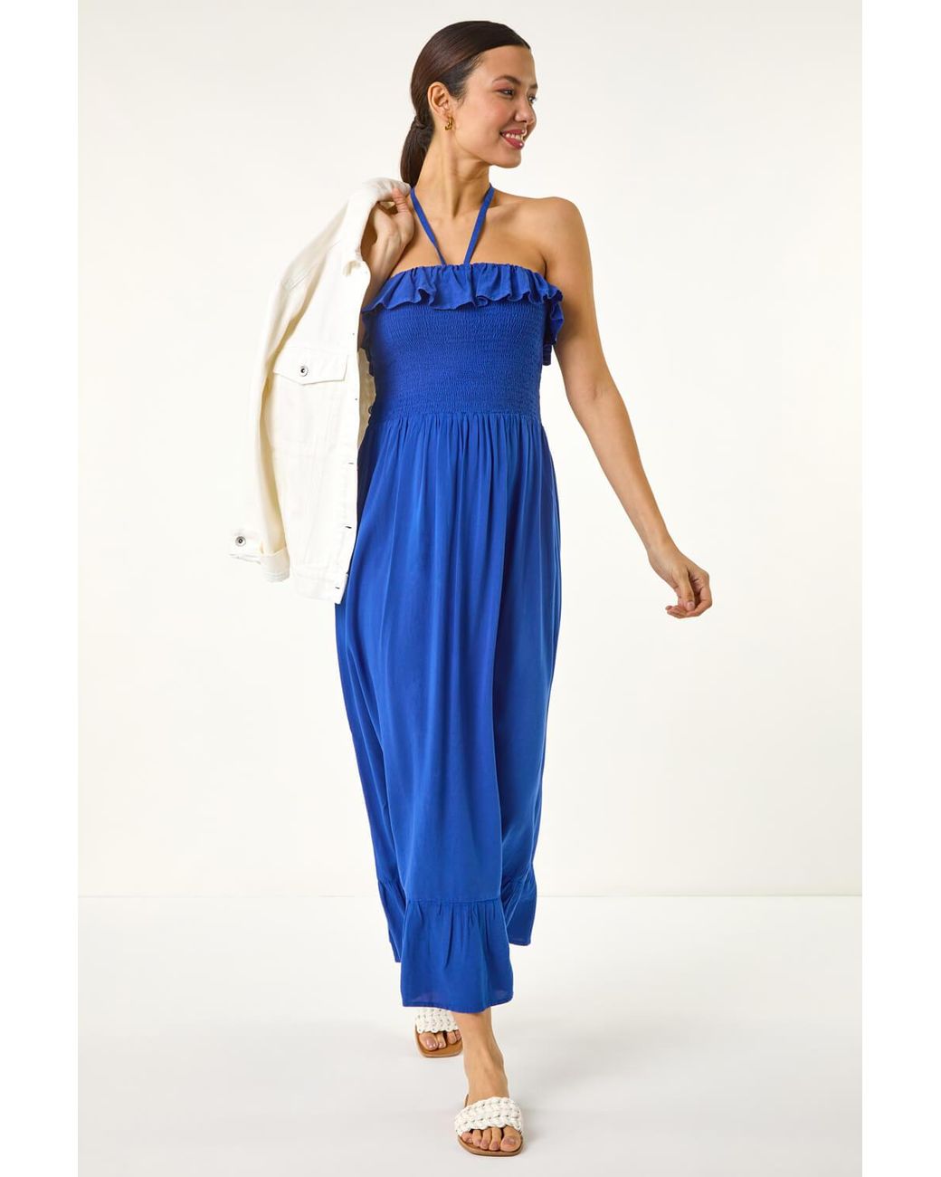Roman Blue Frill Shirred Bandeau Midi Dress