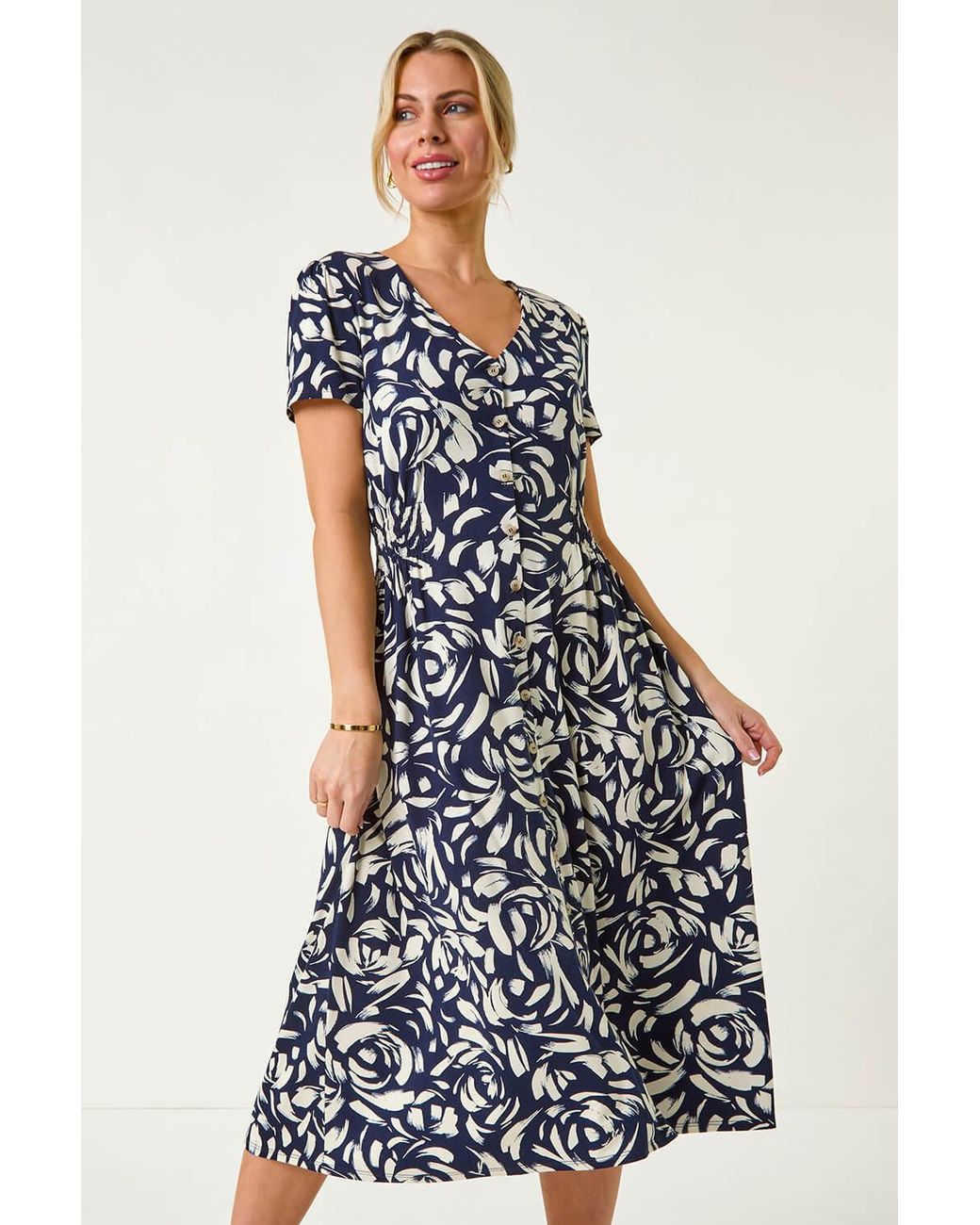 Roman Petite Blue Floral Stretch Shirred Waist Dress