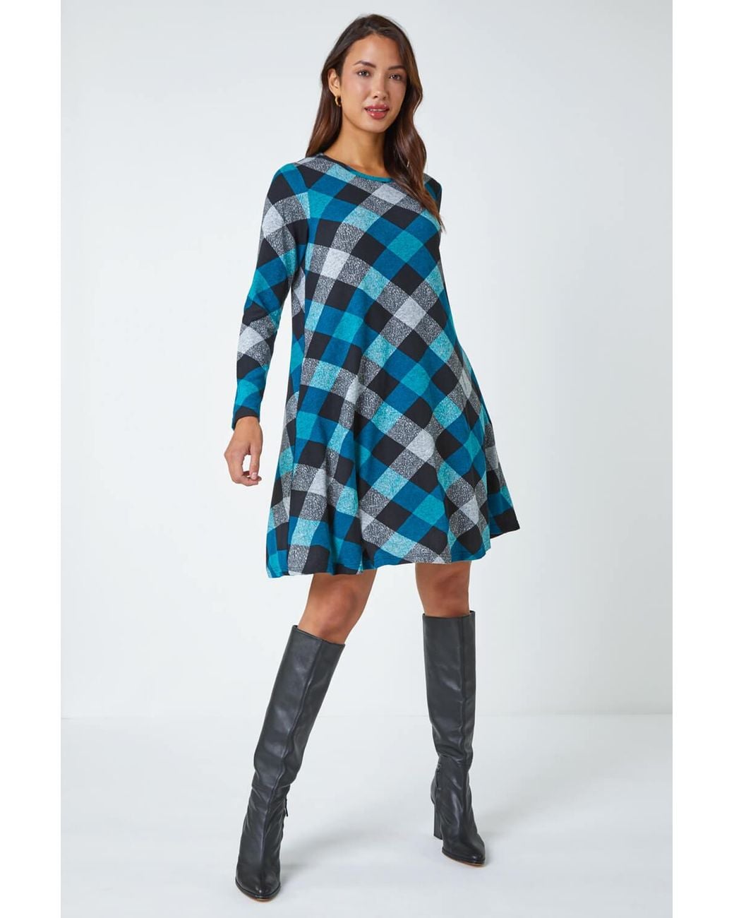Roman Blue Check Print Swing Stretch Dress