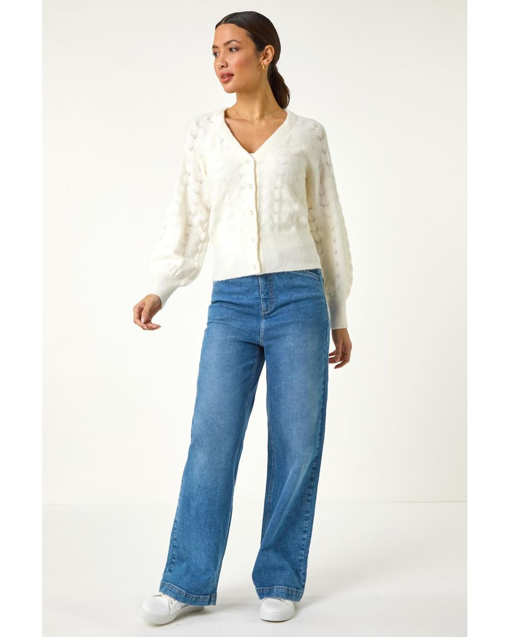 Roman White Pointelle Detail Knit Cardigan