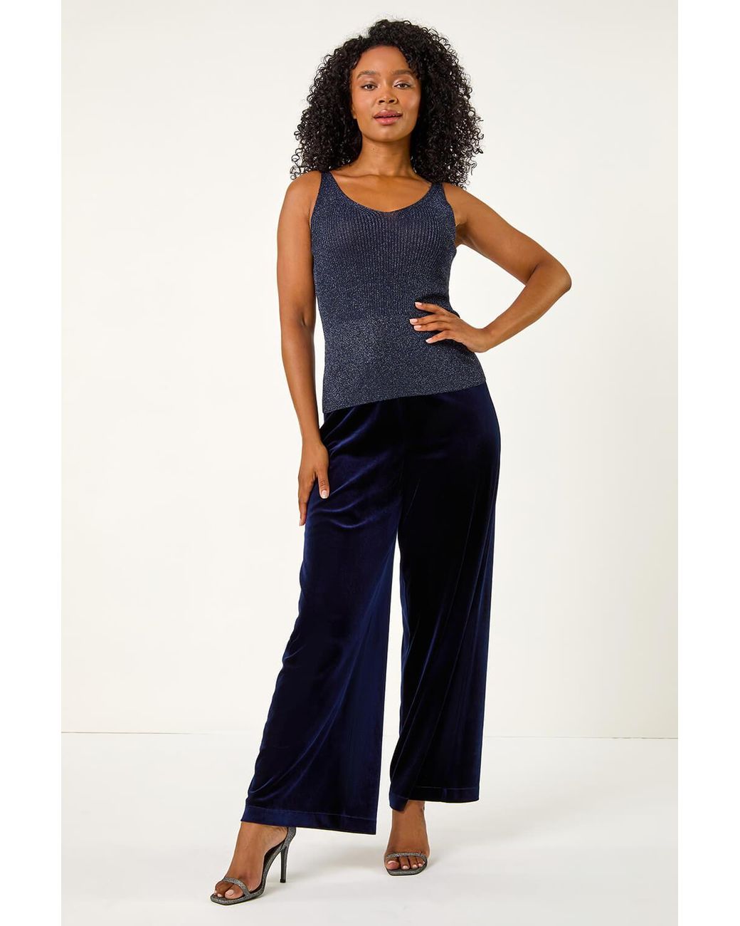 Roman Petite Blue Wide Leg Velvet Stretch Trouser