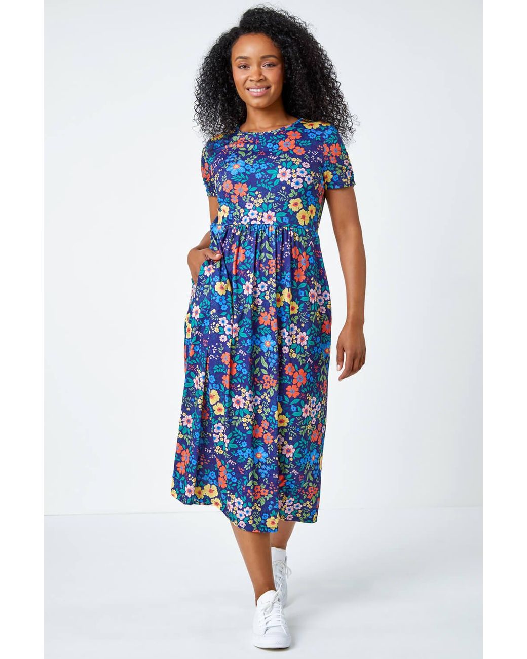 Roman Petite Blue Floral Print Midi Stretch Dress