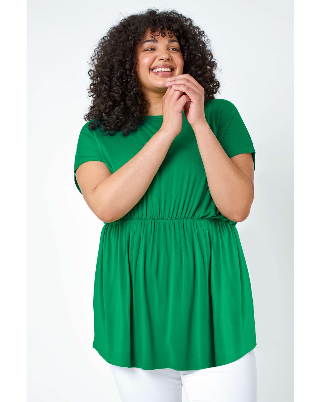 Roman Curve Green Shirred Waist Tunic Top