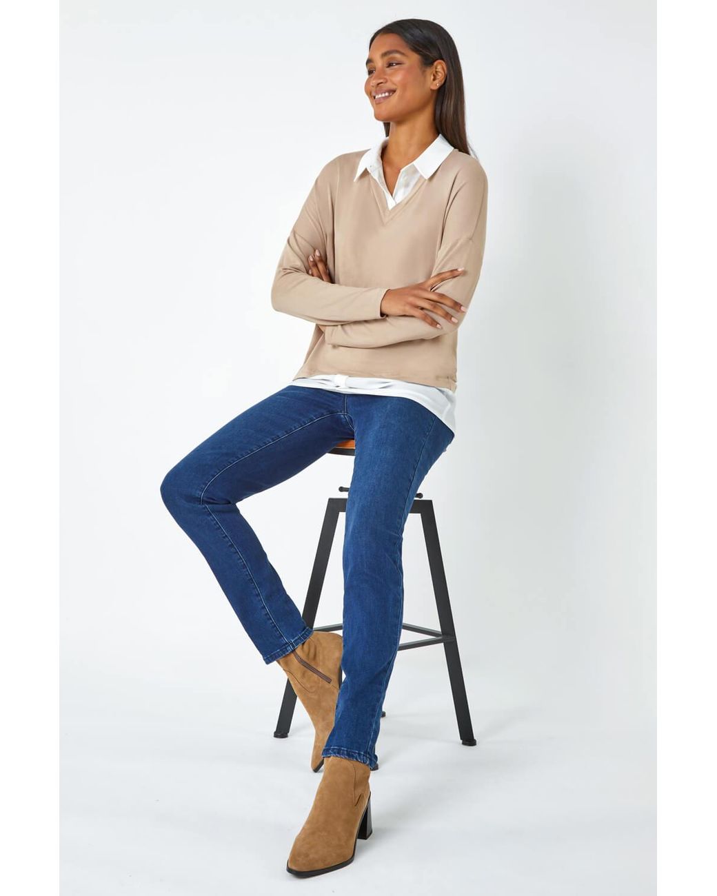 Roman Blue Shirt Collar Stretch Top