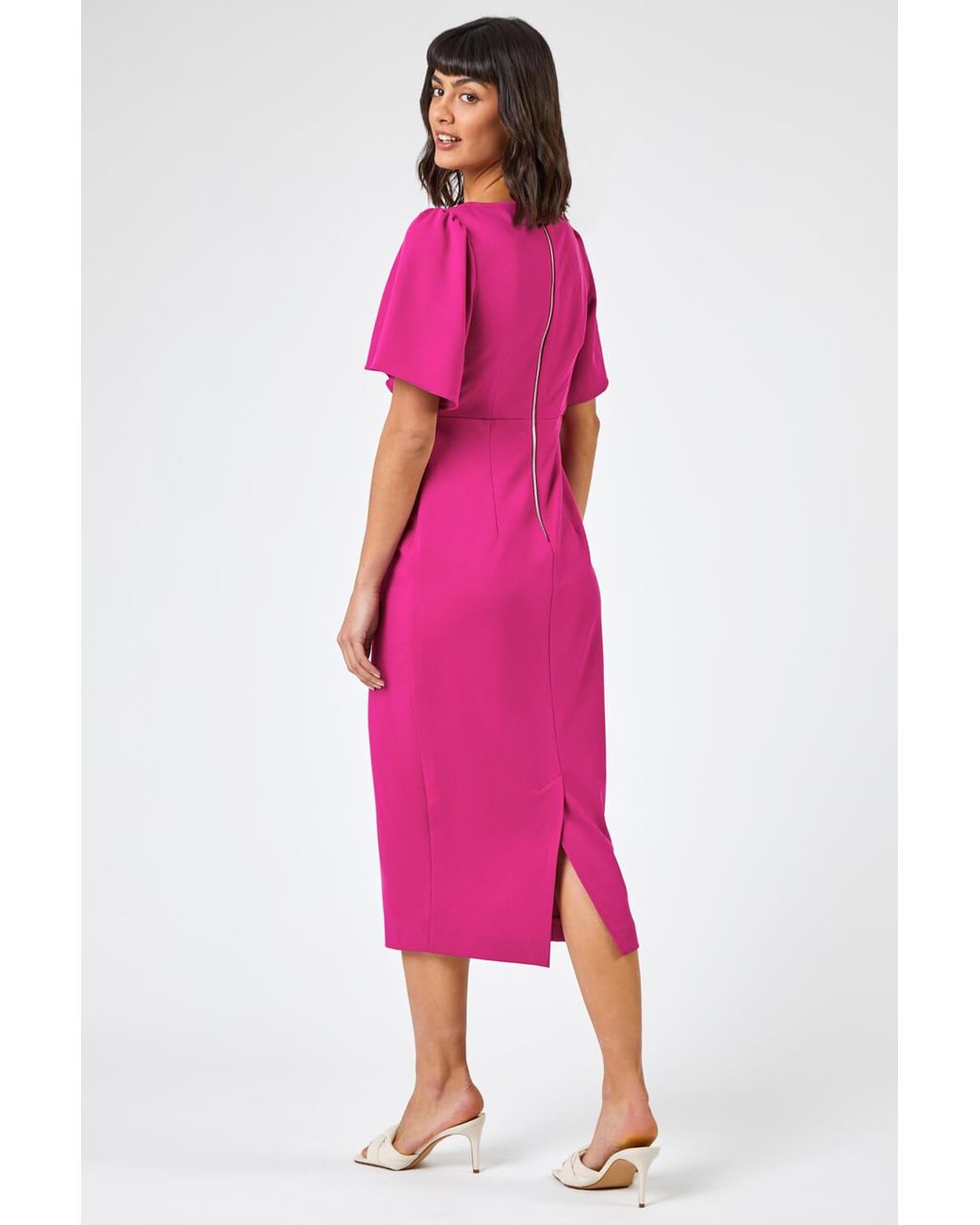 Roman Pink Gathered Wrap Front Midi Dress