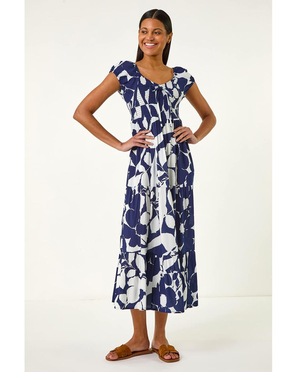 Roman Blue Shadow Floral Tie Tiered Dress