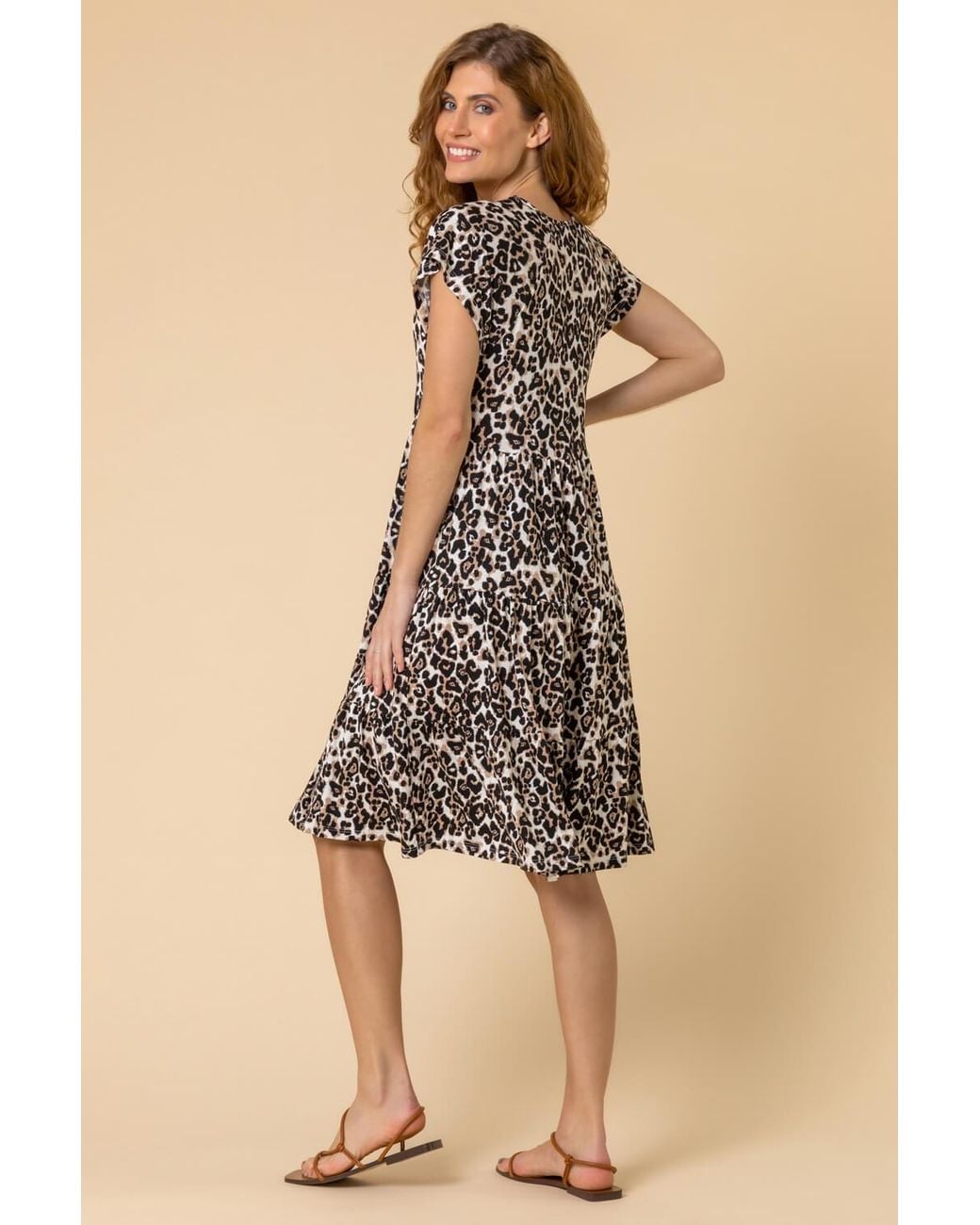 Roman Natural Tiered Animal Print Stretch Dress