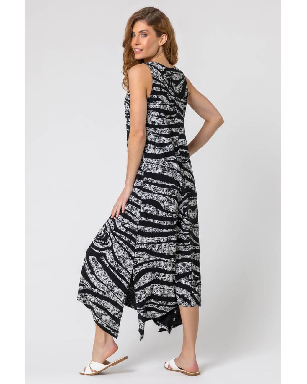 Roman Gray Zebra Print Hanky Hem Maxi Dress