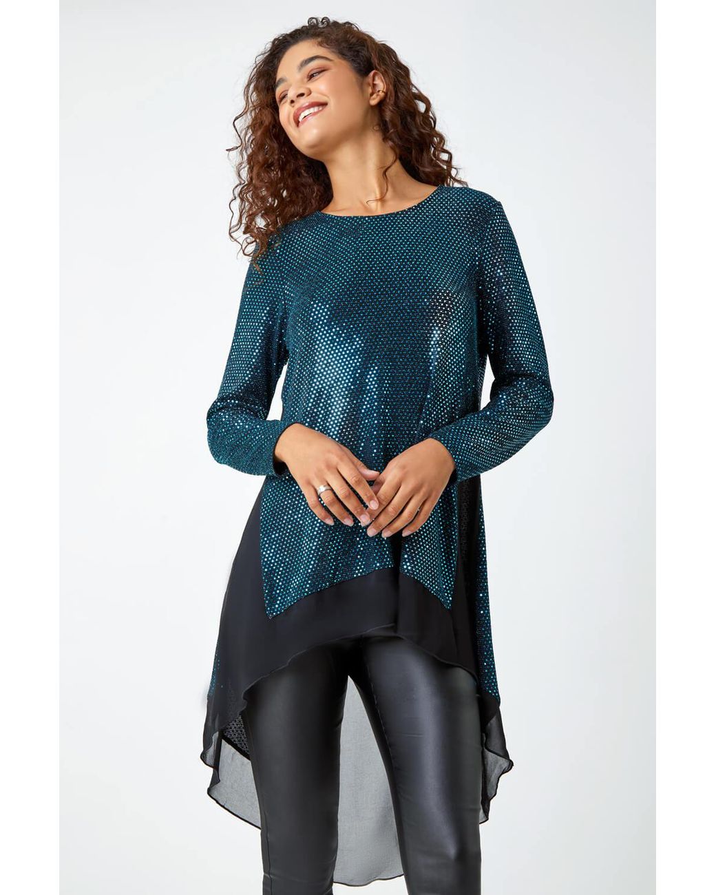 Roman Blue Chiffon Hem Sequin Stretch Tunic Top