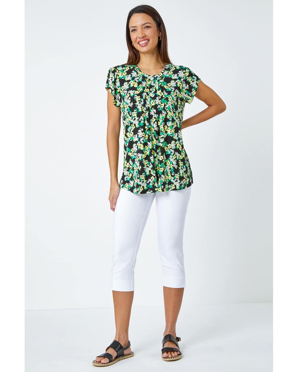 Roman Green Floral Print Pleat Detail Blouse