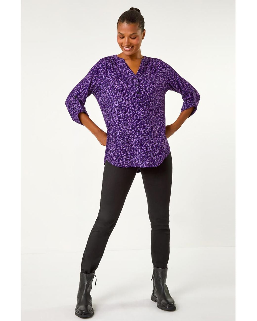 Roman Purple Leaf Print Button Detail Shirt
