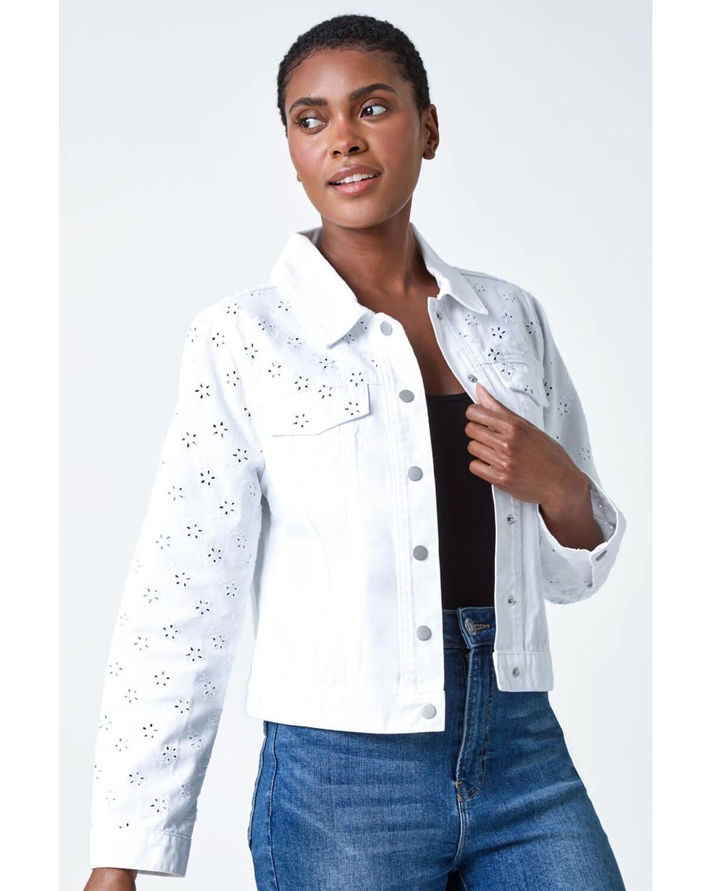 Roman Blue Cotton Blend Broderie Sleeve Jacket