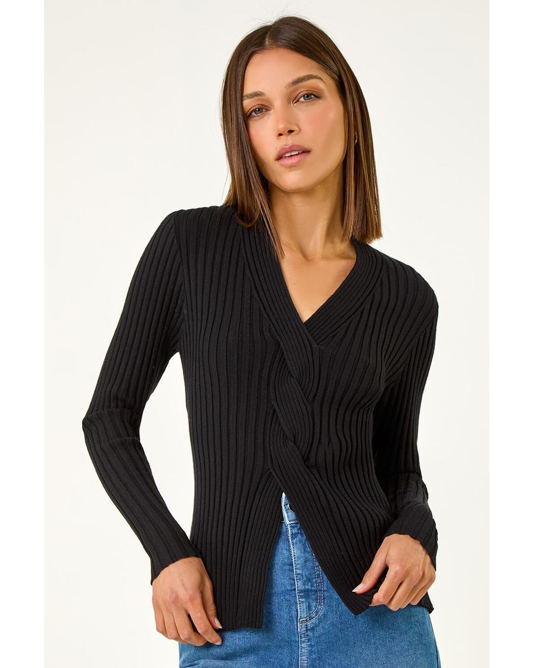 Roman Black Cable Split Detail Rib Jumper