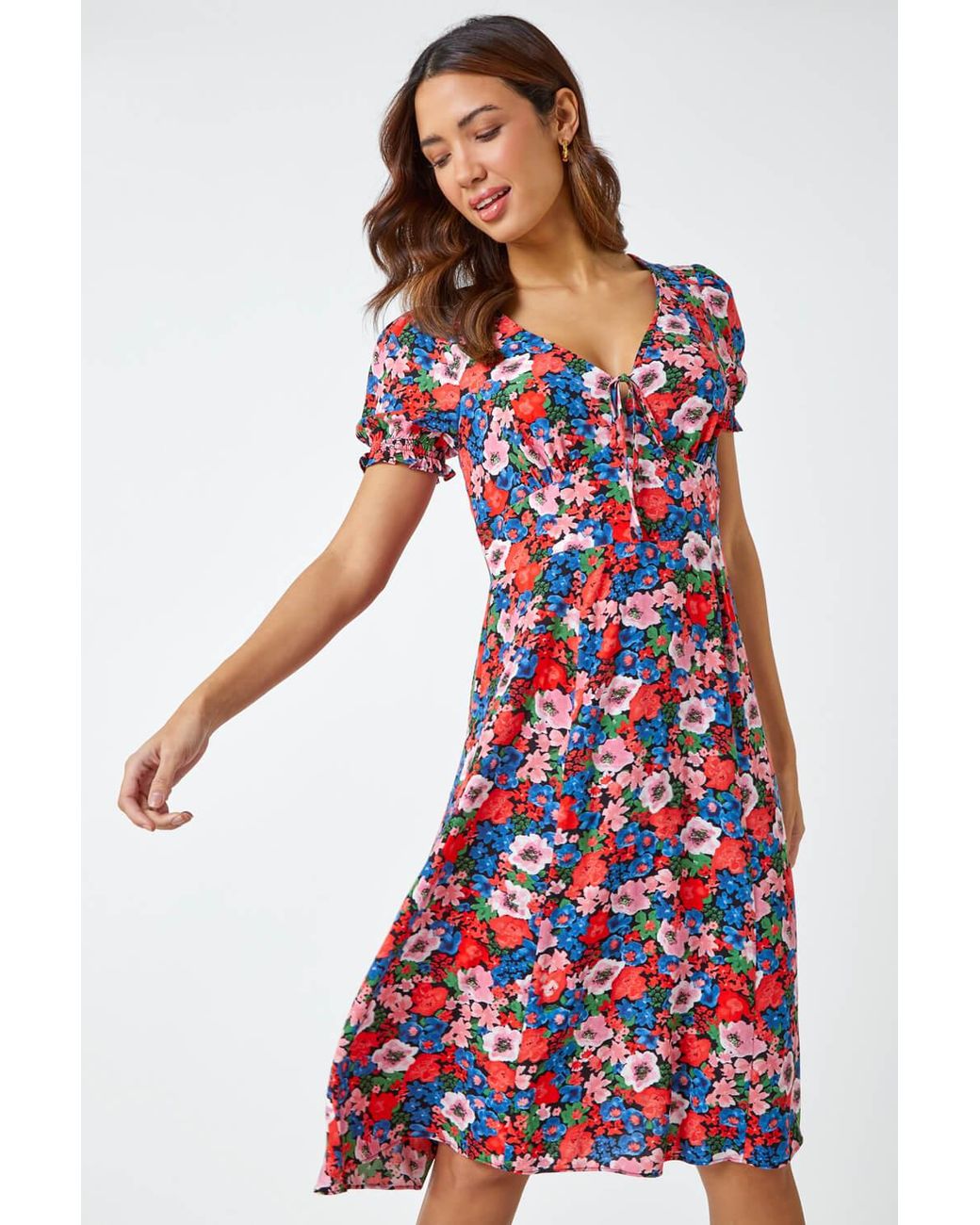 Roman Red Frill Sleeve Floral Tea Dress