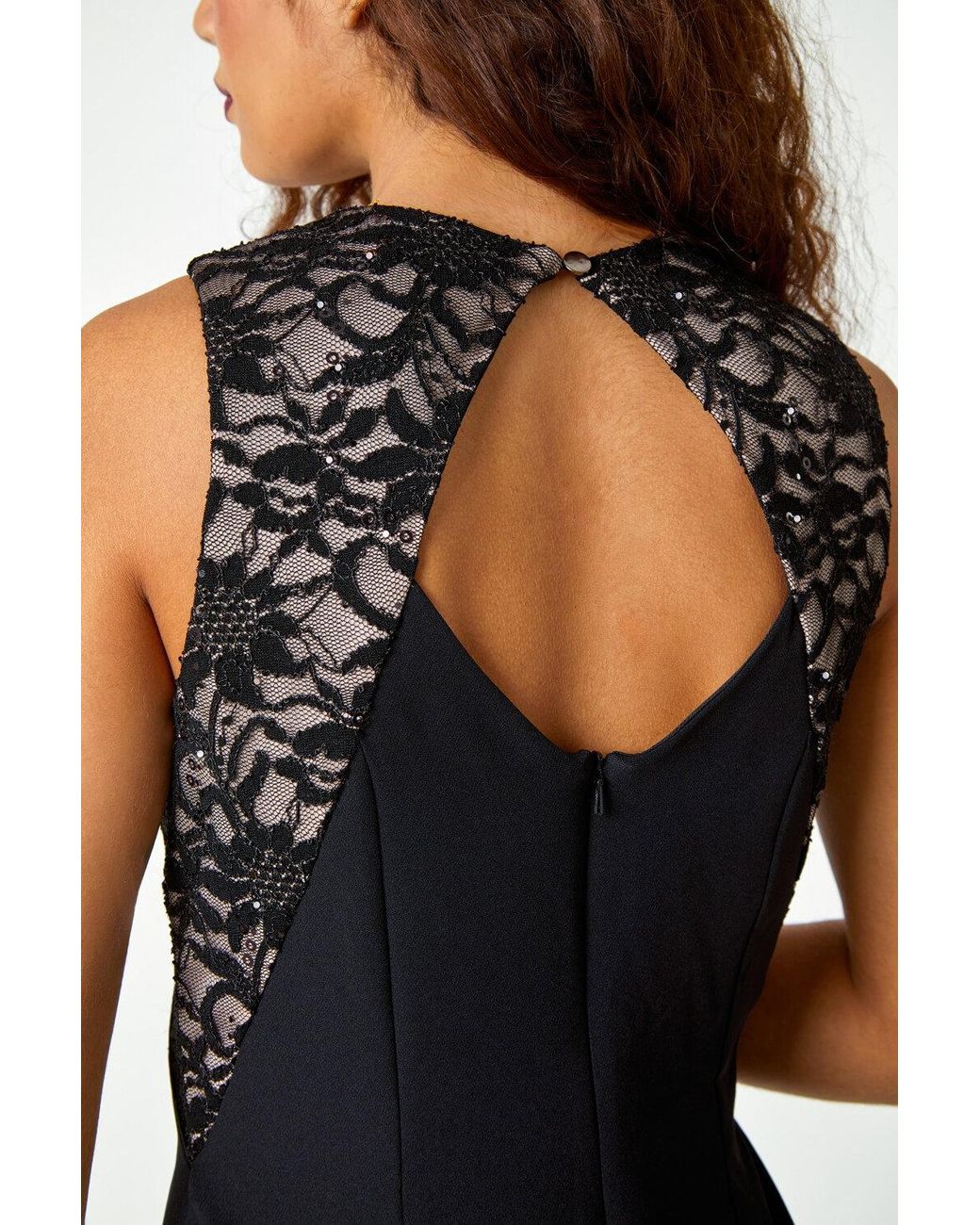 Roman Black Sleeveless Sequin Trim Stretch Dress