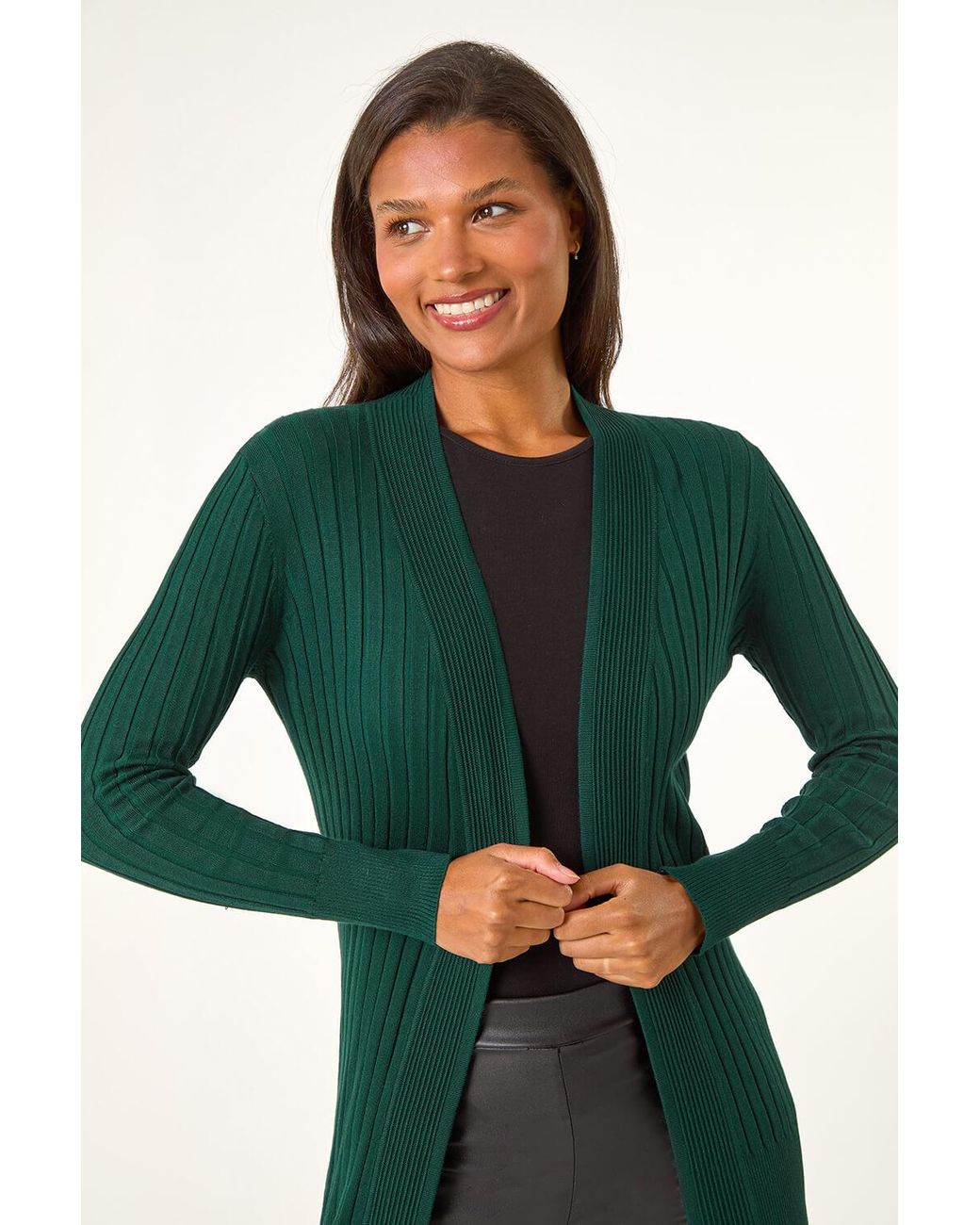 Roman Green Longline Stretch Ribbed Cardigan