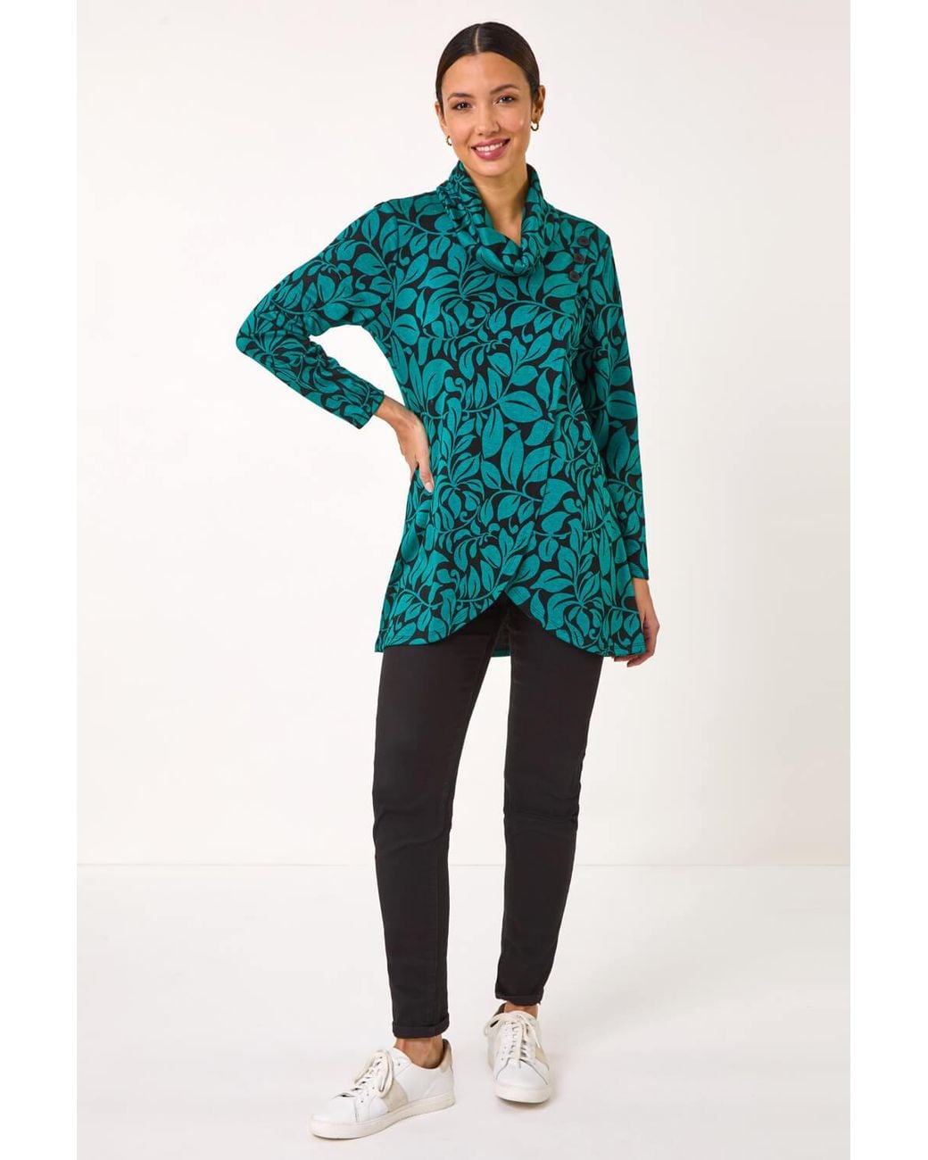 Roman Green Leaf Print Cowl Neck Top
