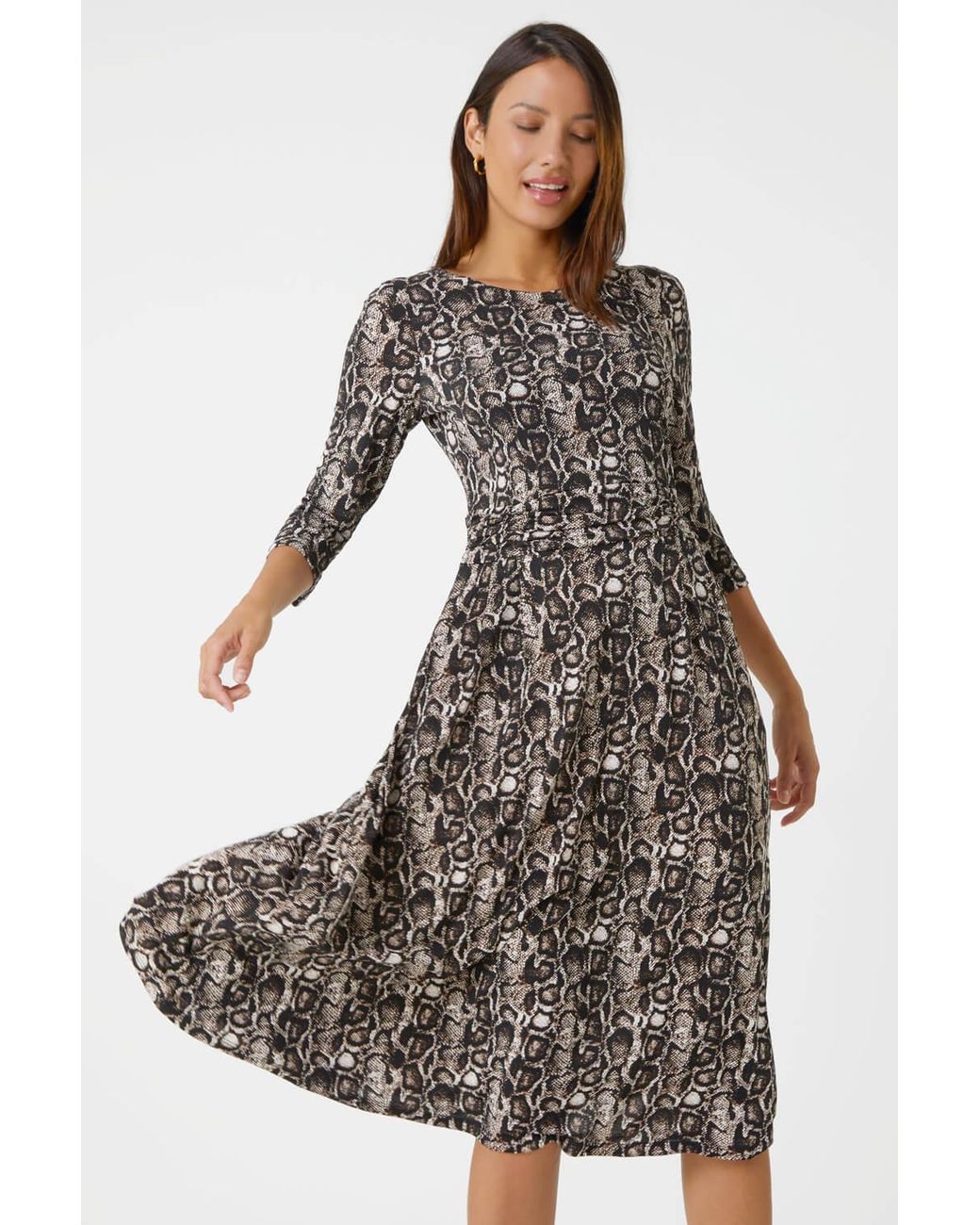 Roman Brown Snake Print Gathered Stretch Ruched Dress