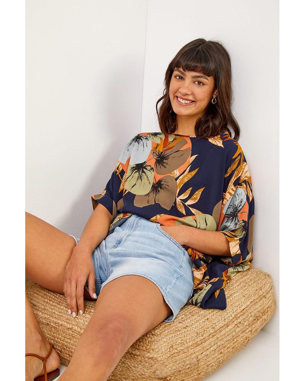 Roman Blue Palm Print Button Back Top