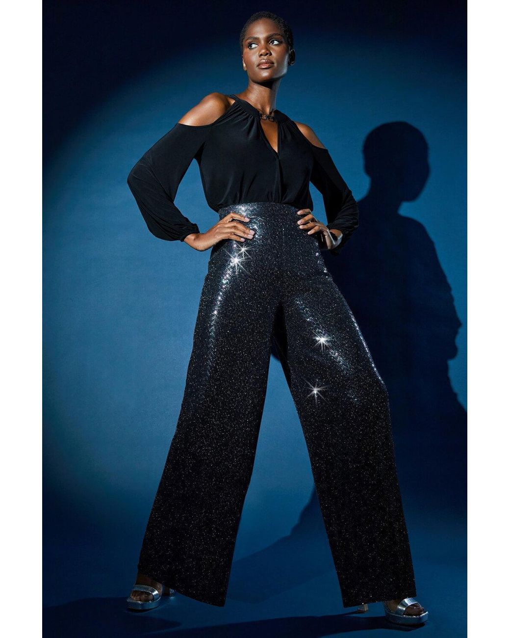 Roman Blue Wide Leg Sequin Stretch Trousers