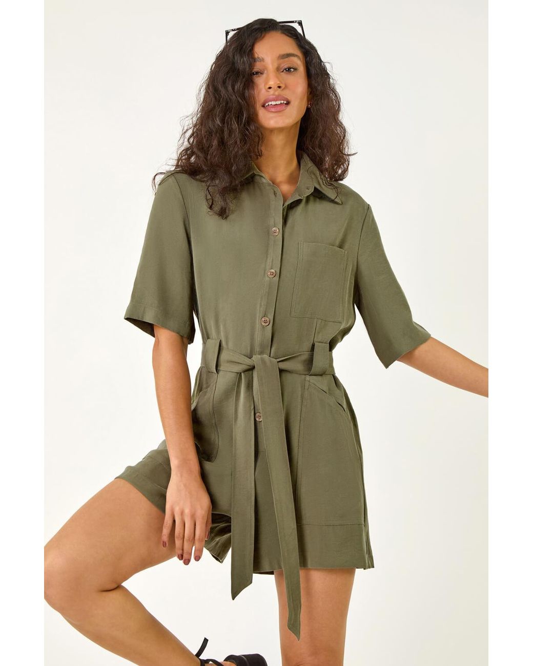 D.u.s.k Green Stretch Buttoned Belted Pocket Playsuit