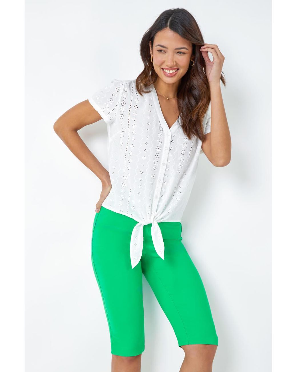 Roman Green Elastic Waist Knee Length Stretch Shorts