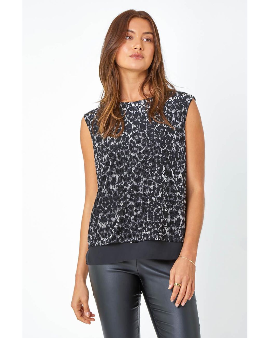 Roman Textured Animal Print Tie Back Stretch Top in Blue