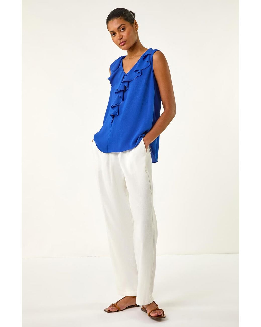 Roman Blue Ruffle V-Neck Vest Top