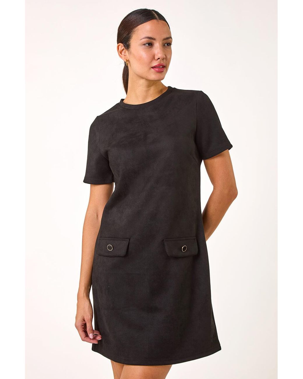 Roman Black Suedette Button Shift Stretch Dress