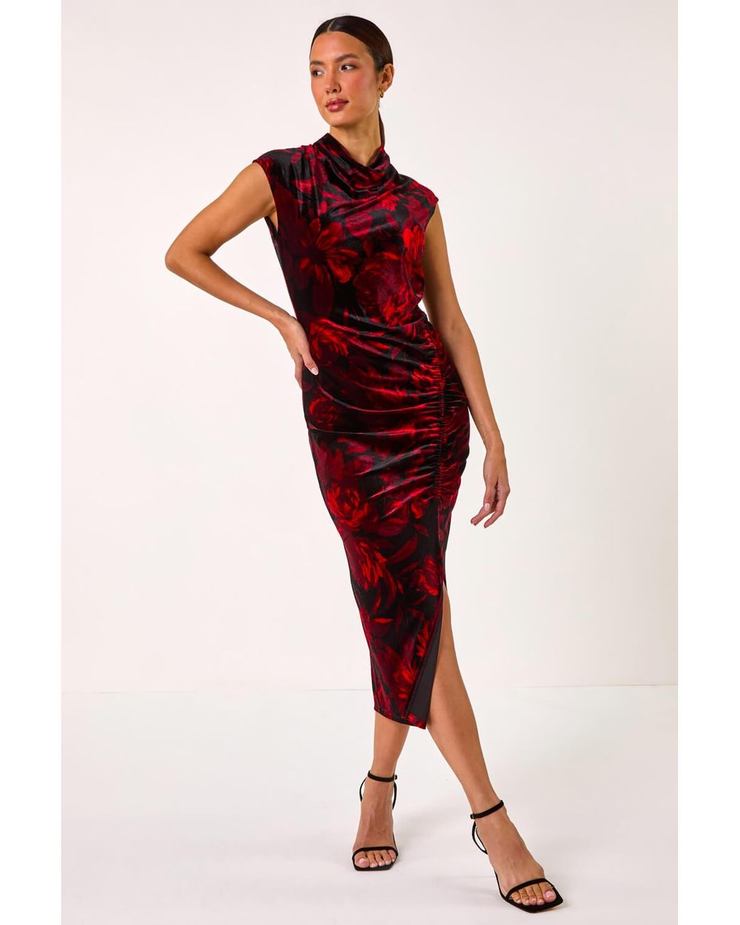 Roman Red Velvet Rose Print Side Ruched Midi Dress