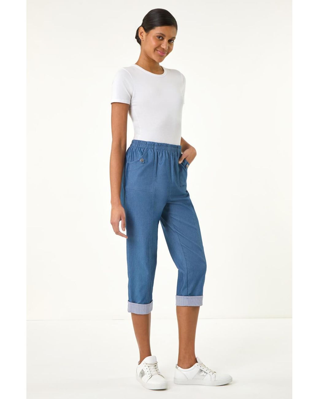 Roman Blue Contrast Detail Cropped Stretch Trousers