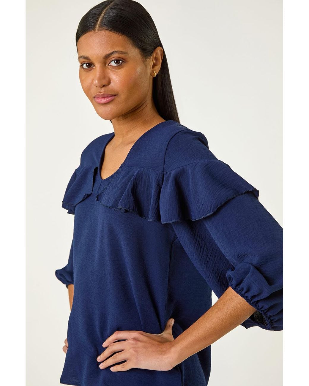 Roman Blue Frill Front Woven Top