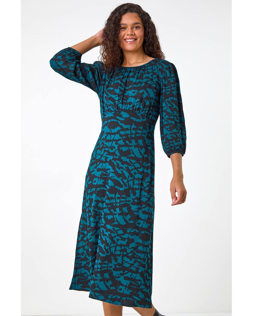 Roman Blue Abstract Print Gathered Midi Dress