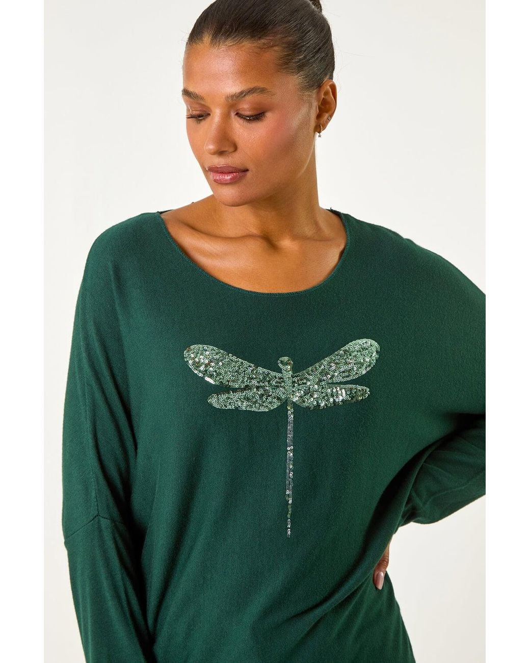 Roman Green Dragonfly Print Sequin Knitted Stretch Top