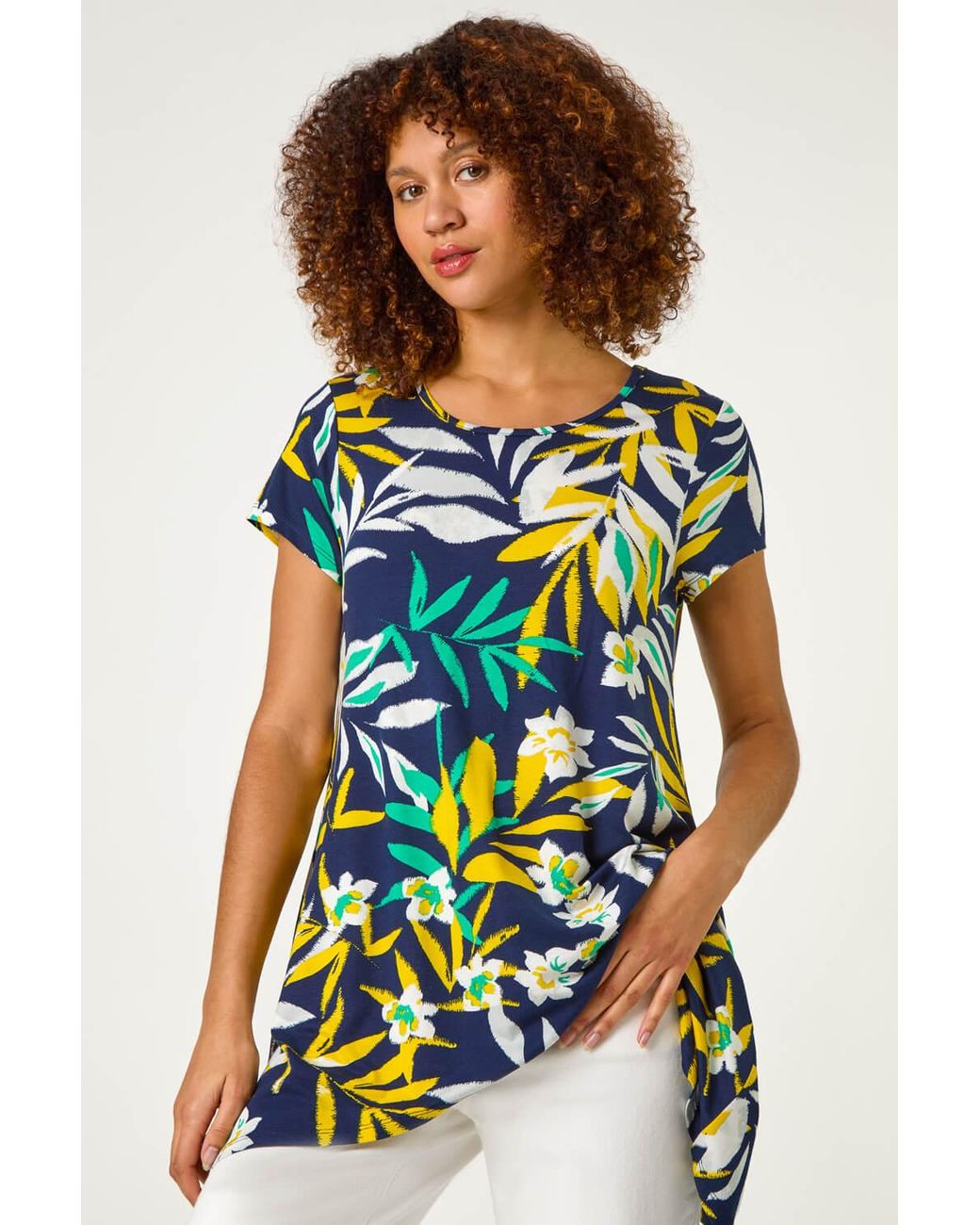 Roman Blue Leaf Print Hanky Hem Tunic Top