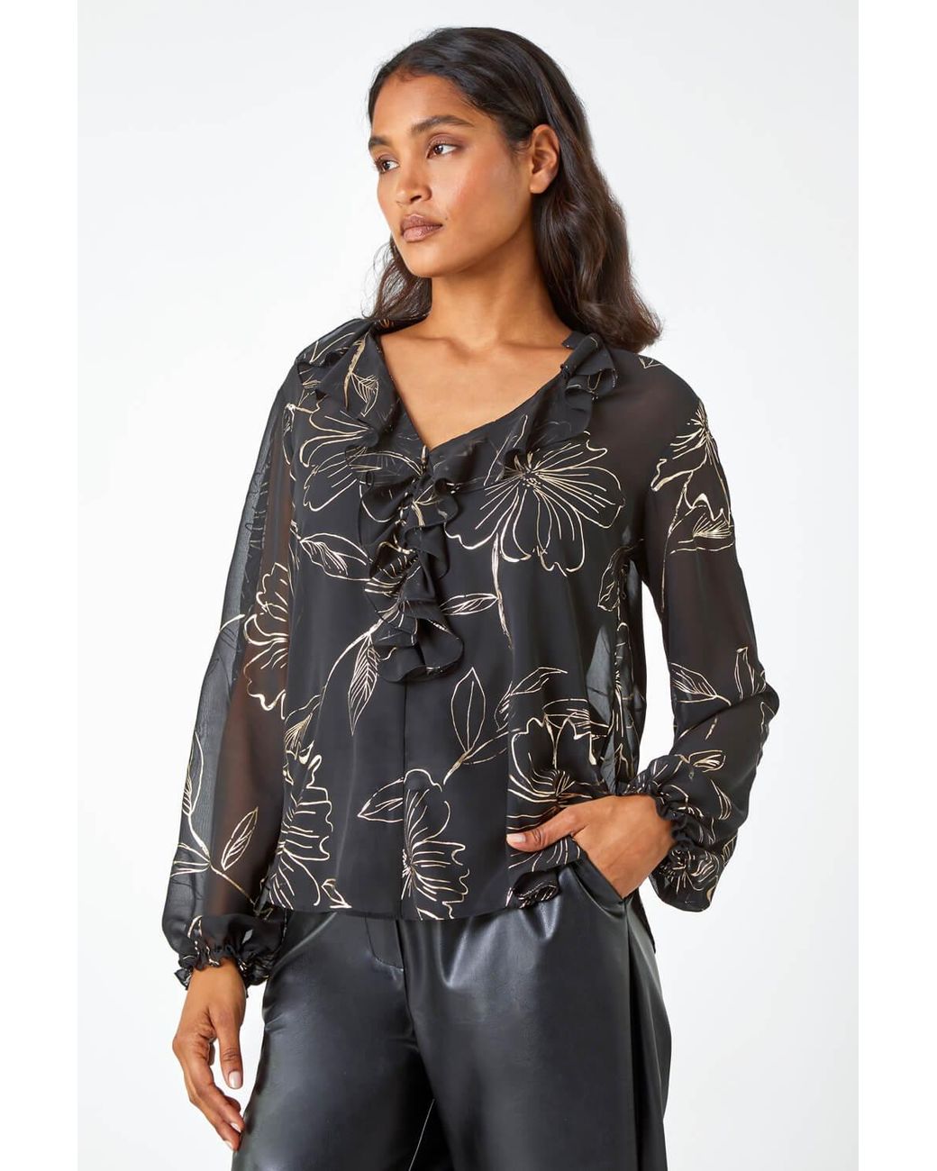 Roman Black Metallic Floral Print V-Neck Ruffle Top