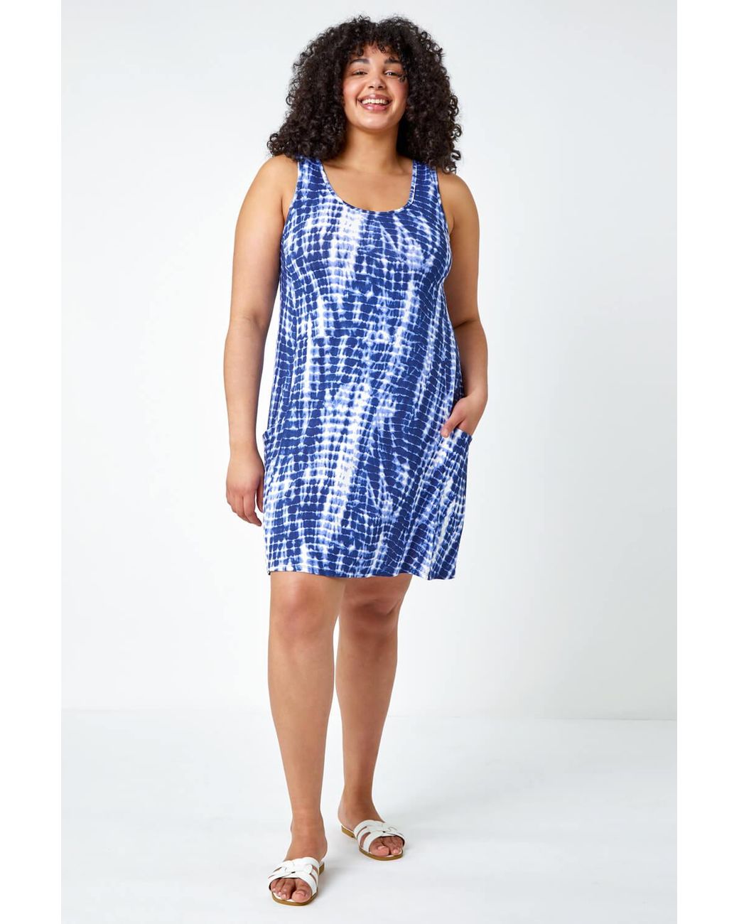 Roman Curve Blue Tie Dye Stretch Swing Dress