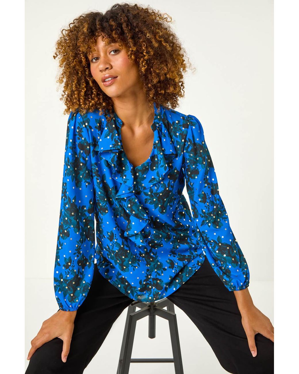 Roman Blue Foil Floral Print Ruffle Front Top