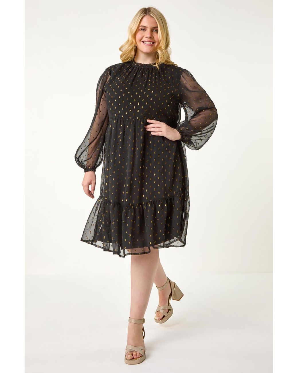 Roman Curve Black High Neck Metallic Overlay Swing Dress