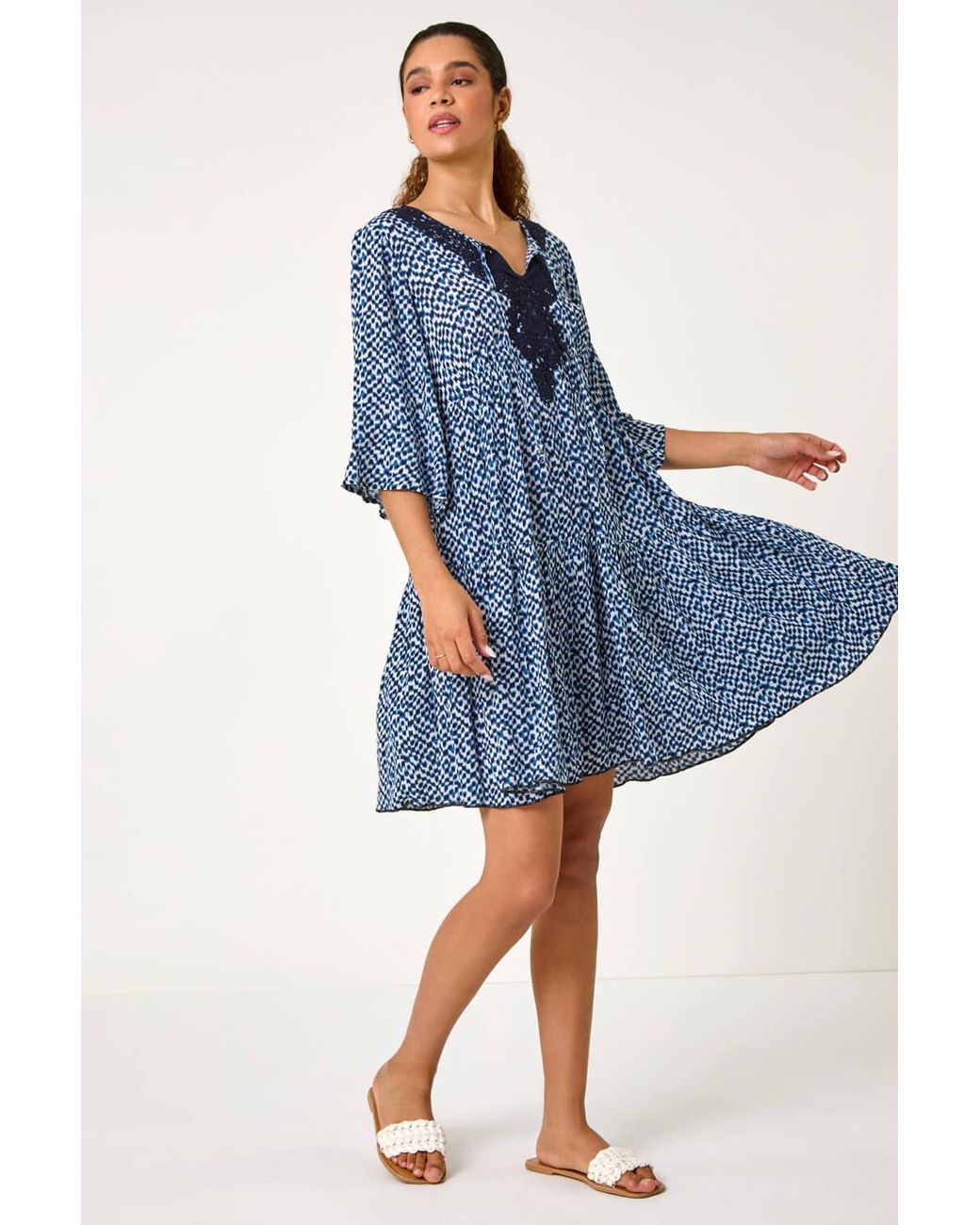 Roman Blue Spot Print Lace Detail Smock Dress