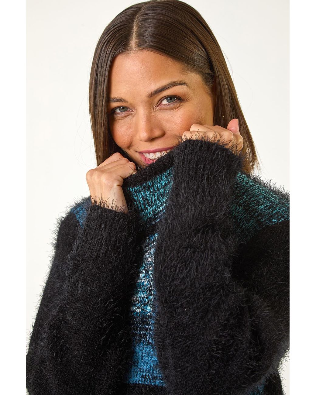 Roman Black Colour Block Fluffy Knit Jumper