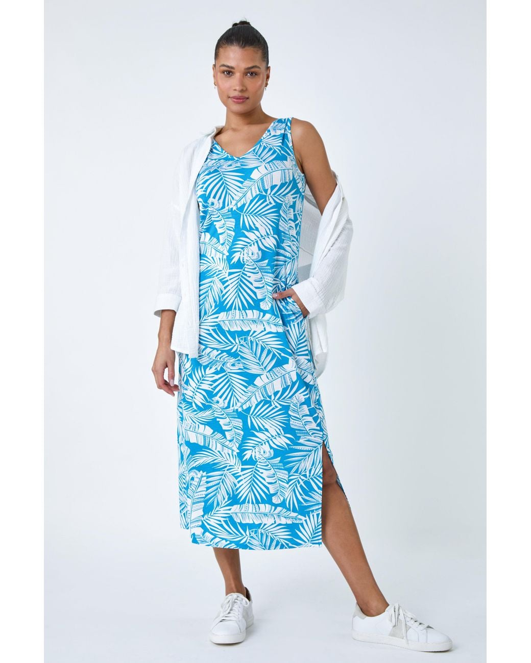 Roman Blue Leaf Print Stretch Midi Dress