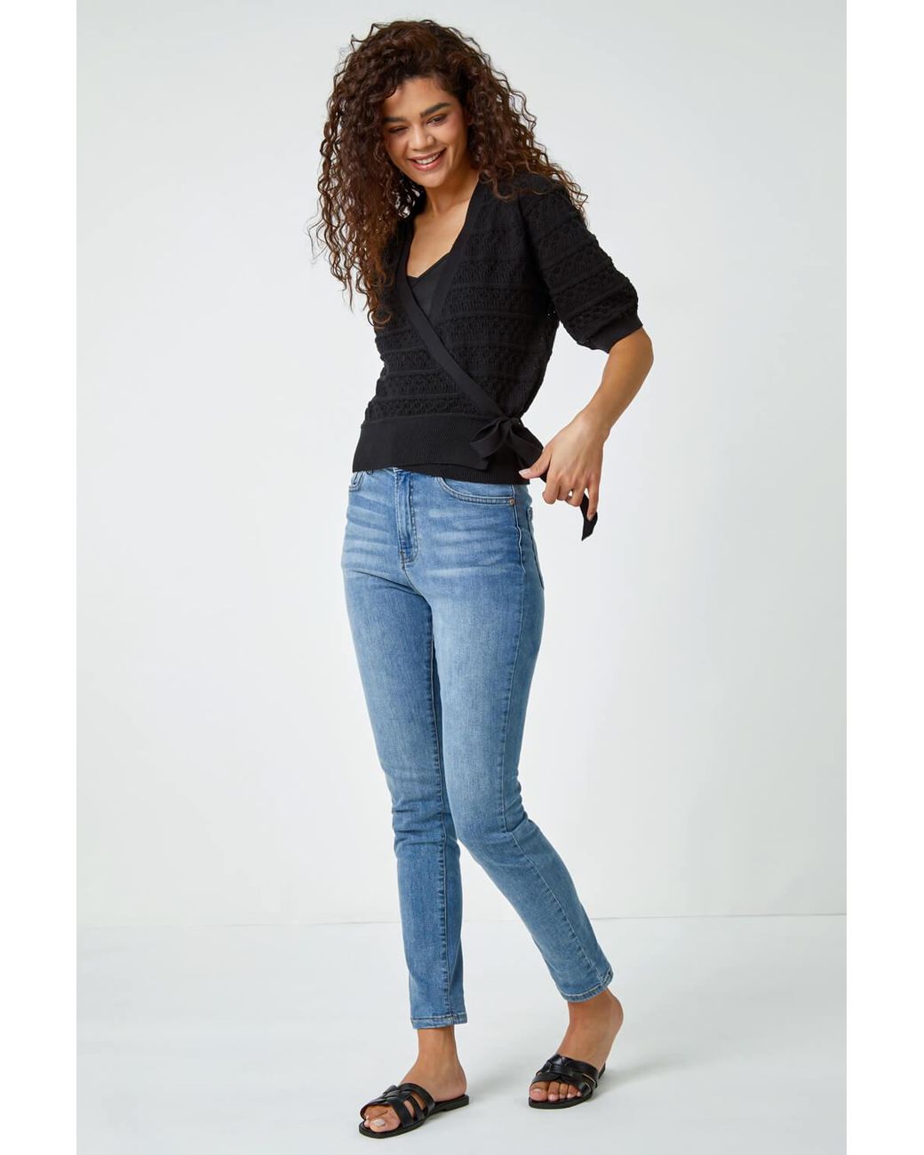 Roman Black Cotton Wrap Tie Detail Cardigan