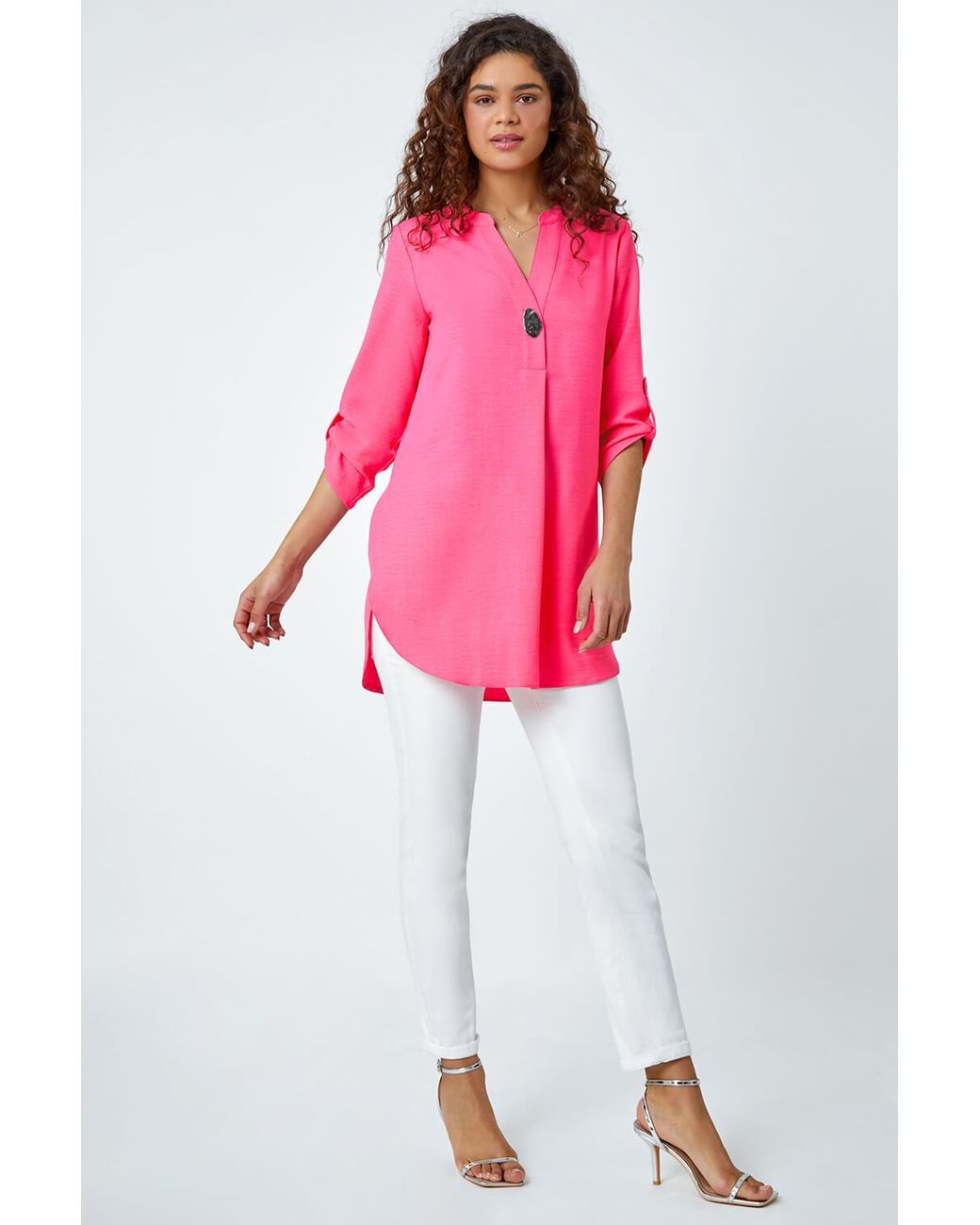 Roman Pink Button Detail V-Neck Longline Tunic Blouse