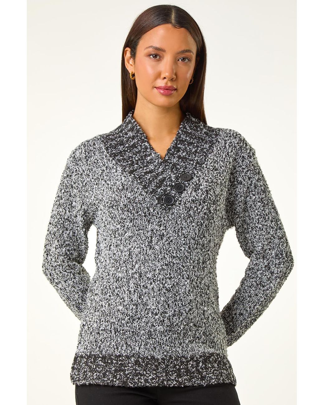 Roman Black Textured Overlap V-Neck Jumper