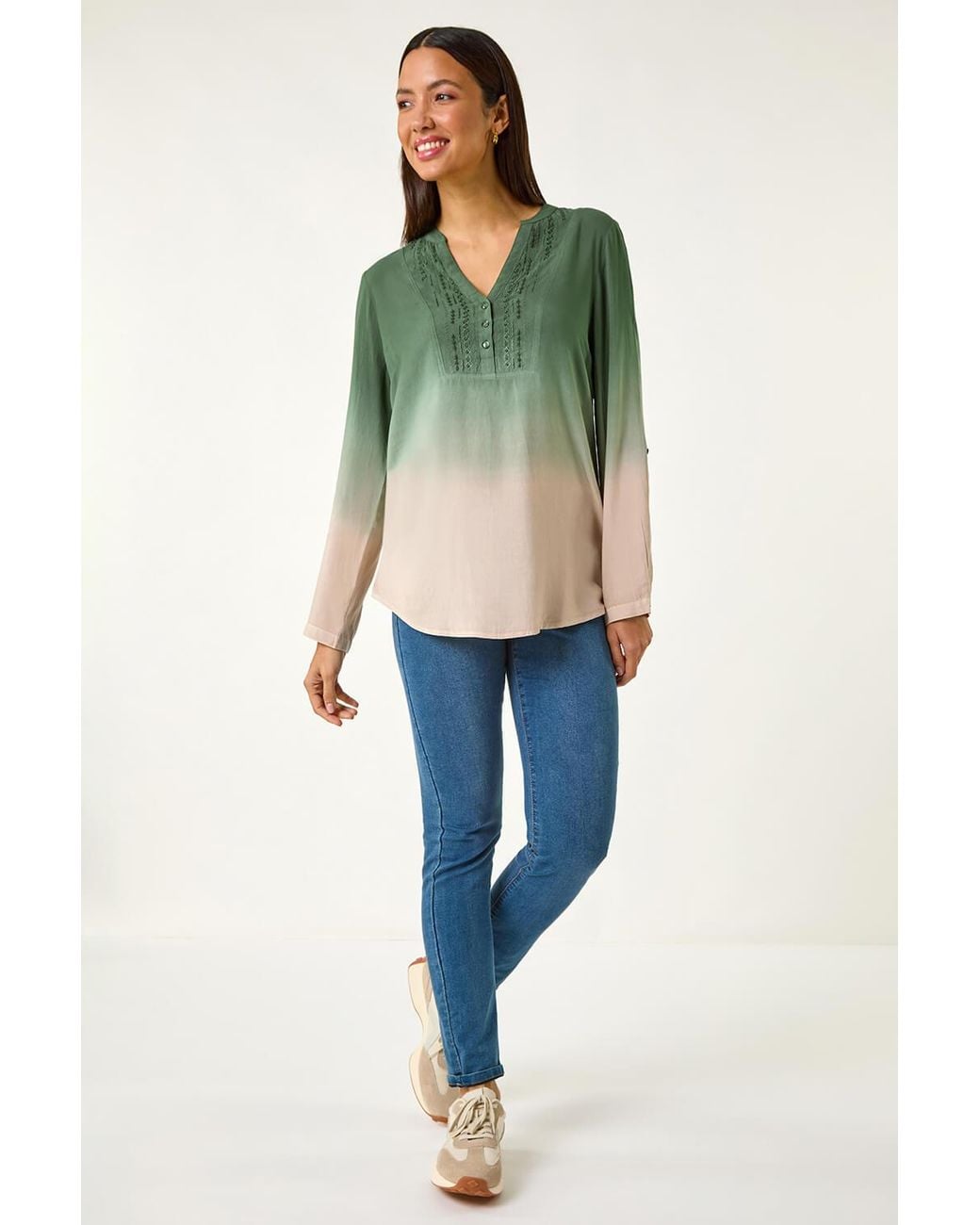 Roman Green Dip Dye Print V-Neck Top