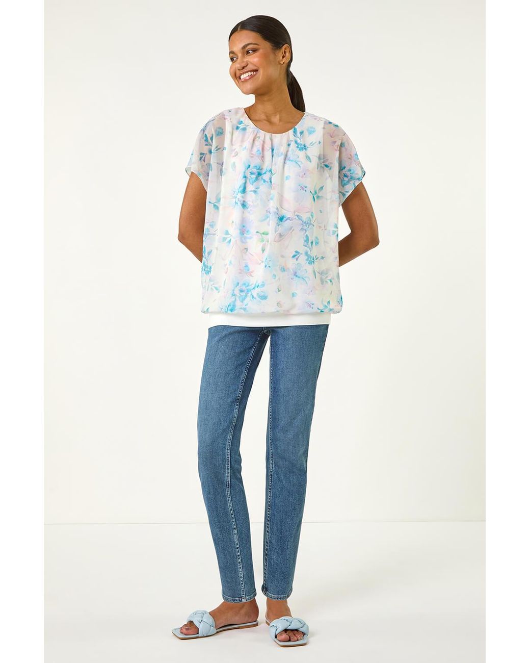 Roman White Floral Print Bubble Hem Top